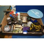 A quantity of miscellanea to include trophies, boxed scales, Manchester United scarf, golf balls,