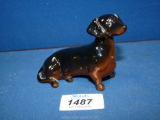 A Beswick Dachshund in brown and black, 3" tall x 4" long.