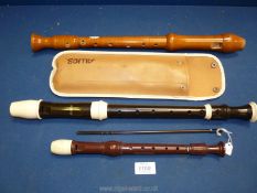 **Three recorders comprising of two trebles one by Adler in hardwood the other by Aulos and a