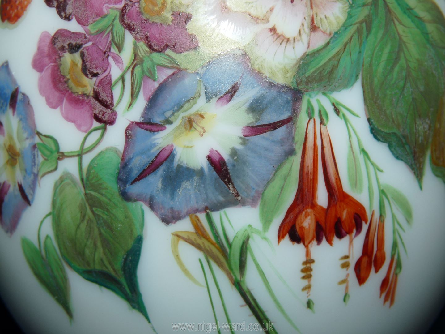 A garniture of three Victorian opaque glass Vases with hand painted flowers, - Image 8 of 17