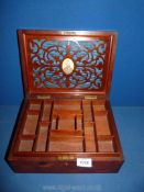A parquetry jewellery box with interior lift out shelf and various compartments,