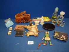 A small quantity of miscellanea to include perfume bottles, soap stone dish, vintage pin cushion,