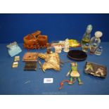 A small quantity of miscellanea to include perfume bottles, soap stone dish, vintage pin cushion,