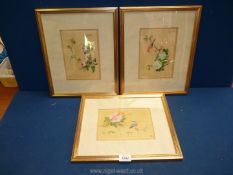 Three gilt framed Chinese paintings on silk with birds and flowers, 14" x 12".