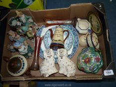 A quantity of china to include; Torquay ware, two small mantle Spaniels, Shelley cake plate,