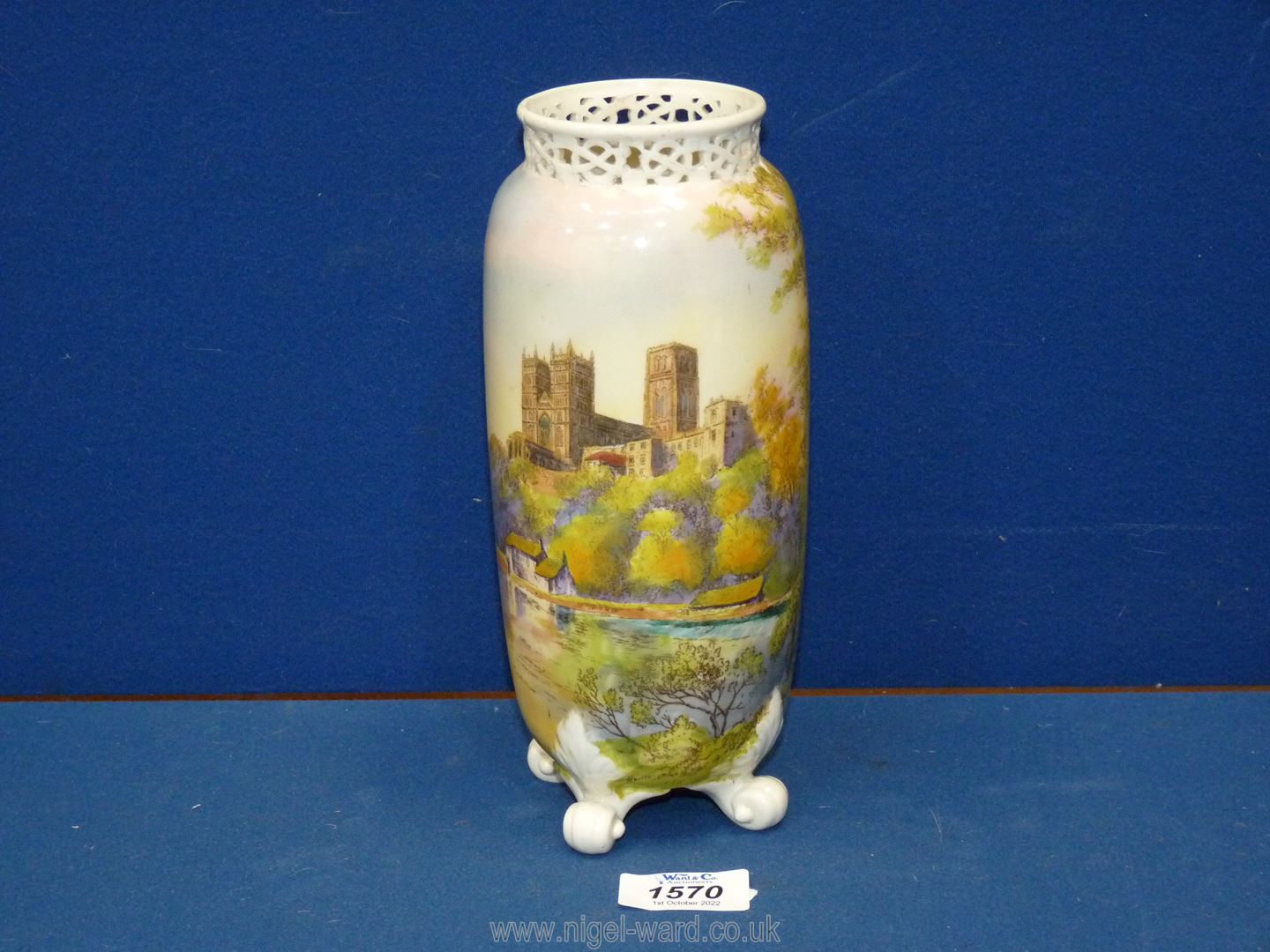 Royal Worcester 1929 G42 vase of Durham cathedral with cut out decoration 8¾" tall (some repairs.