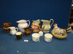 A lustre footed bowl, small cream jug, mug, jugs, a colourful hen on nest, etc.