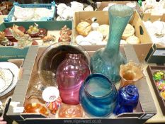 A quantity of mixed coloured glass to include; vases, plate, three pieces of carnival glass, etc.