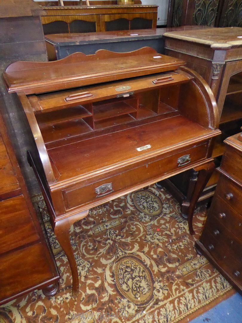 An early 20th century Satinwood cylinder topped Bureau, the interior with seven pigeon holes, - Image 2 of 3