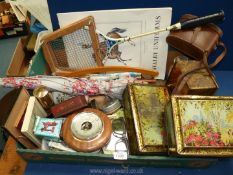 A box of miscellanea including tins, medicine bottles, barometers, small pictures etc,