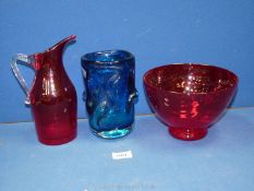 Whitefriars ruby red glass jug with clear handle,