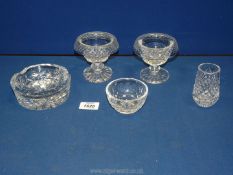 A small quantity of crystal glass to include a matching pair of Waterford miniature footed bowls