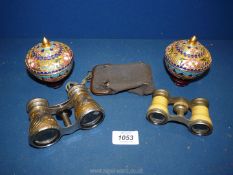 A pair of modern Cloisonne lidded dishes and two pairs of opera glasses.