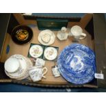 A box of china to include Spode blue and white bowl, two egg coddlers, Royal Grafton part Teaset,