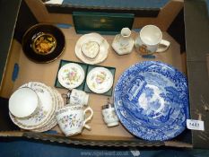 A box of china to include Spode blue and white bowl, two egg coddlers, Royal Grafton part Teaset,