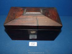 A rosewood sarcophagus tea caddy, with two internal compartments, each with lids, one lid a/f.