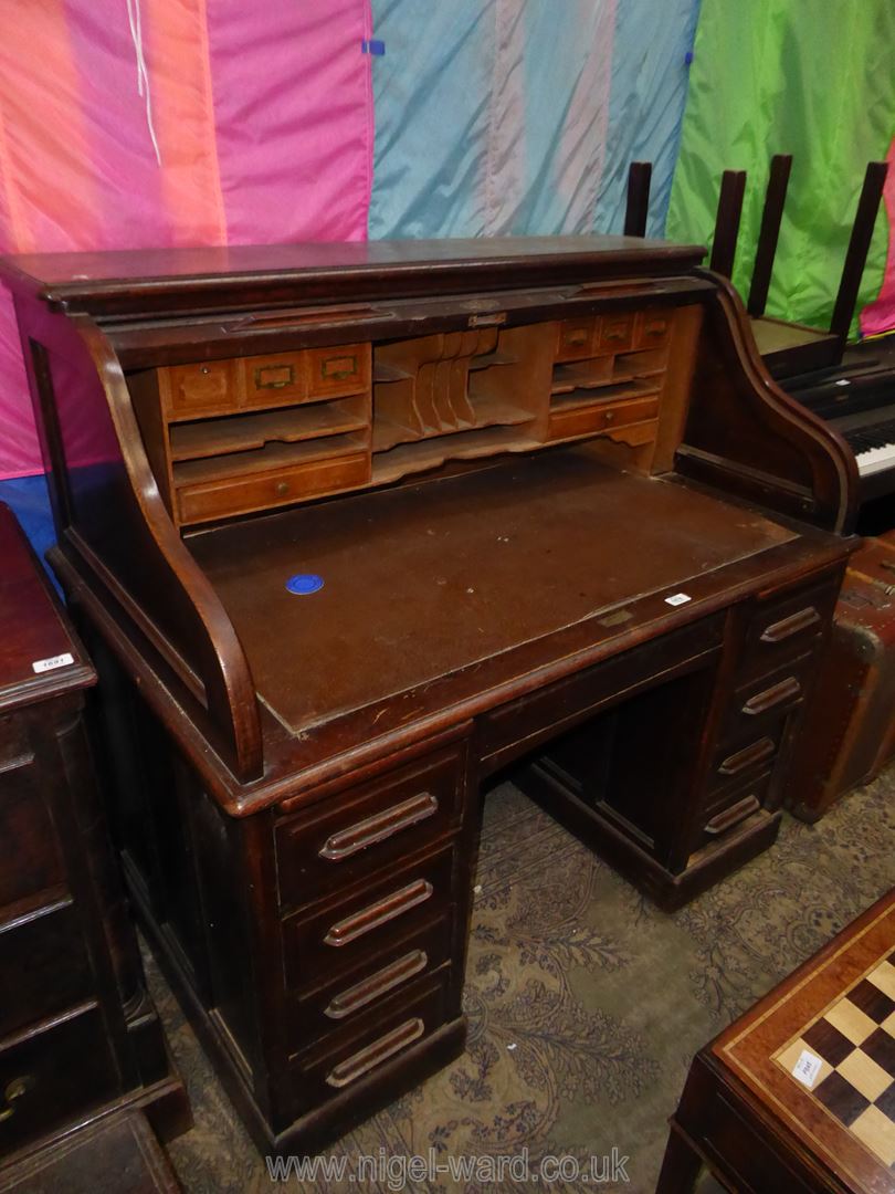 A dark Oak double pedestal Roll Top Desk, - Image 2 of 3