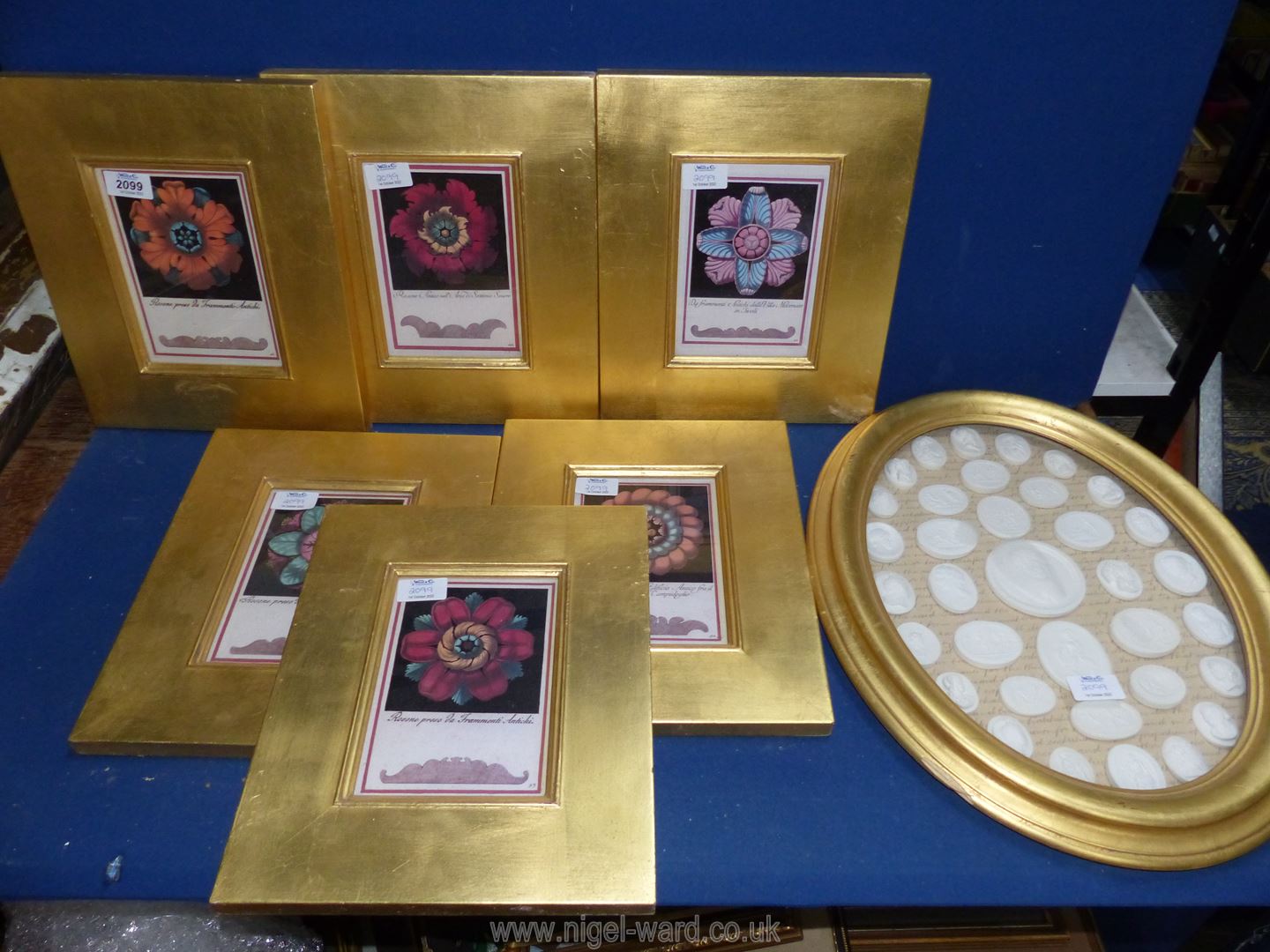 Six framed prints depicting Rose Window taken from ancient fragments,