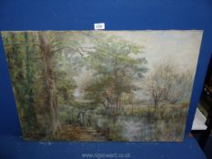 An unframed Oil on canvas depicting a river landscape with trees and a woodland path,