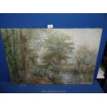 An unframed Oil on canvas depicting a river landscape with trees and a woodland path,