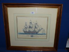 A framed and mounted Print of a Galleon Neapolitan Ship of 74 guns, 25" x 22".