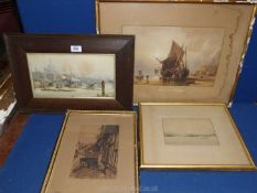 Four old prints and drawings of a beached fishing boat,