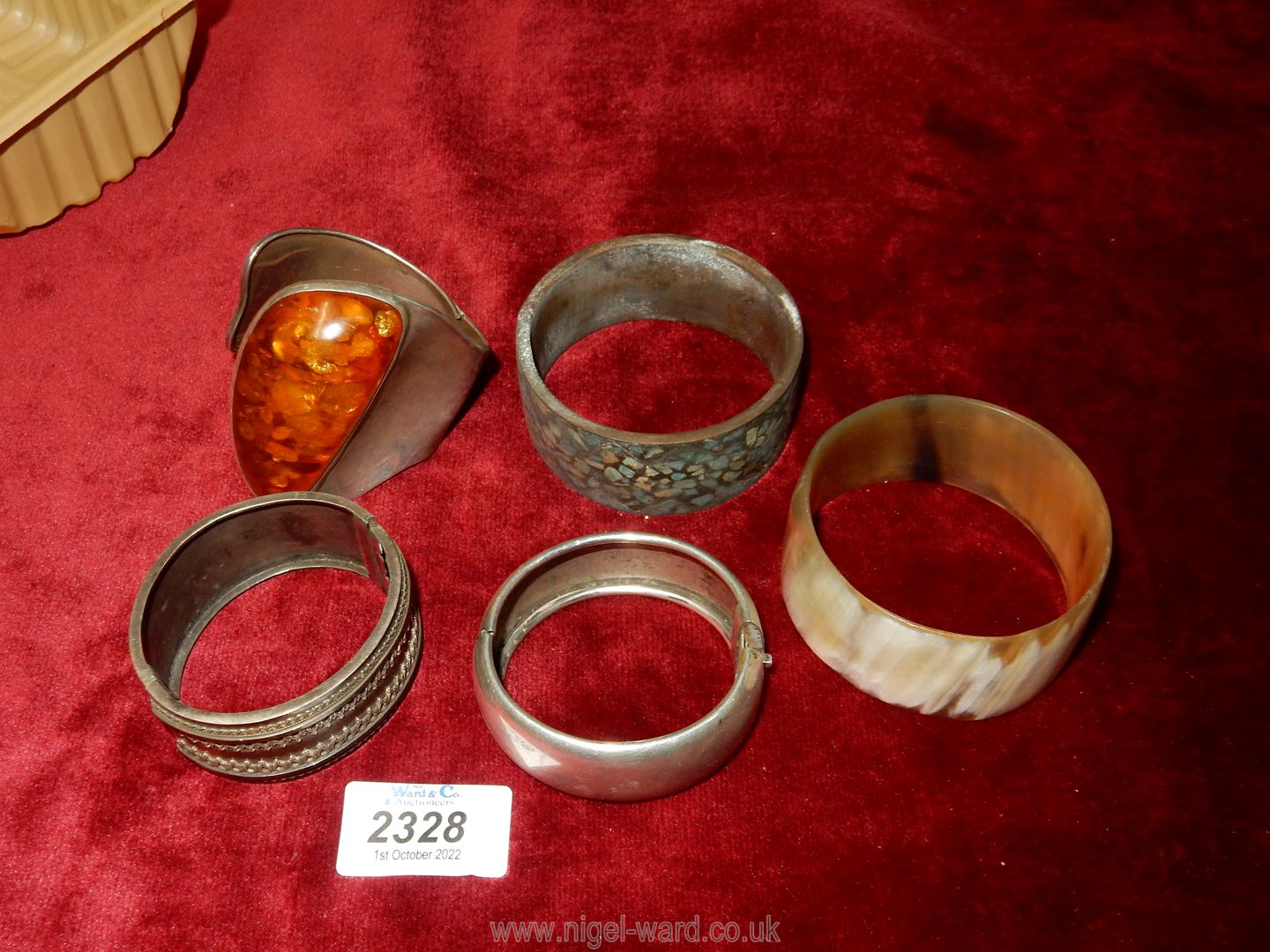 An unusual cuff bangle marked 925 with amber coloured stone, plus two white metal bangles, - Image 2 of 2