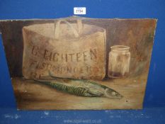 An unframed Oil on canvas of still life 'Fish, fishmonger's bag and a jam jar',