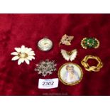 A small quantity of brooches, watch pendant, Limoges enamel brooch of a lady, butterfly, etc.