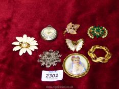 A small quantity of brooches, watch pendant, Limoges enamel brooch of a lady, butterfly, etc.