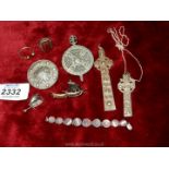 Two silver crosses, one on chain, a silver Ship brooch, bracelet and two rings, etc.