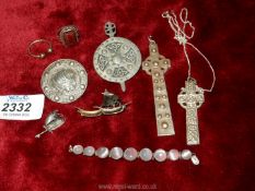 Two silver crosses, one on chain, a silver Ship brooch, bracelet and two rings, etc.