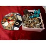 A quantity of mixed jewellery including chokers, beads and a tray of animal brooches, etc.