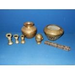 A quantity of mixed metals including Eastern items to include weights, scroll holder, etc.