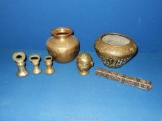 A quantity of mixed metals including Eastern items to include weights, scroll holder, etc.