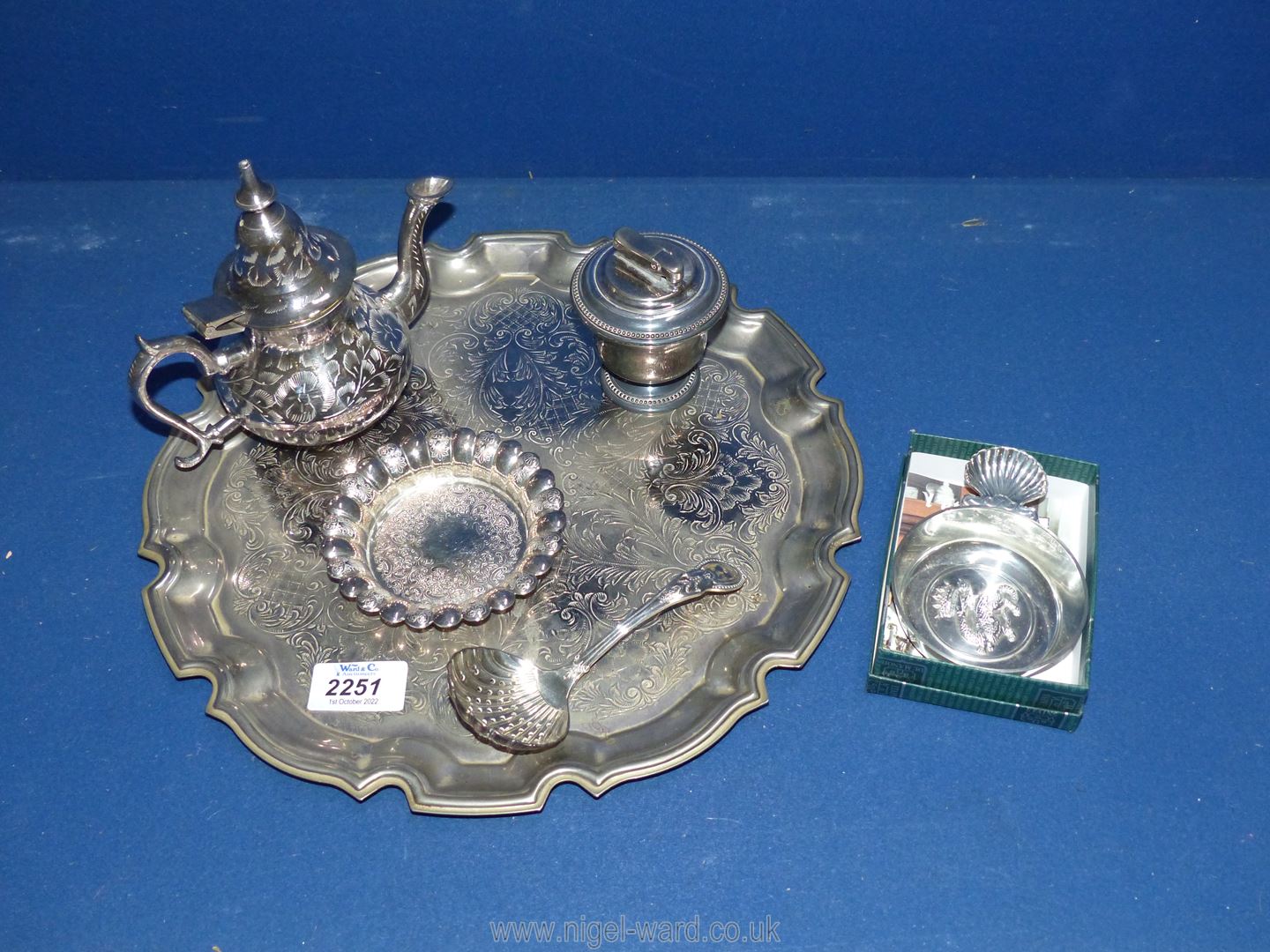 A quantity of epns including circular tray, small teapot, sugar sifter spoon, pewter wine taster,