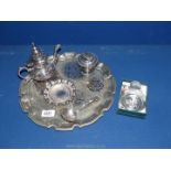 A quantity of epns including circular tray, small teapot, sugar sifter spoon, pewter wine taster,