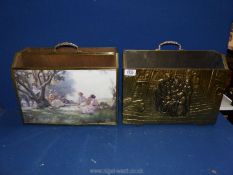 Two brass magazine racks, one with scene of women seated at a table,