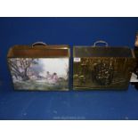 Two brass magazine racks, one with scene of women seated at a table,