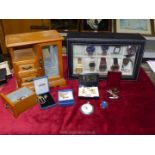 Nine assorted gents watches, a wooden jewellery box plus an assortment of brooches,