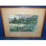 A framed and mounted Watercolour depicting a country landscape, no visible signature.