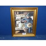 A gilt framed Oil on board depicting a gentleman Potter in his shed at work,