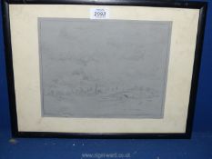 A 19th Century pencil sketch of a distant town on lined grey paper.