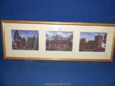 A single frame with three pastel pictures of churches by Alison Alcock 1990 to include Hereford