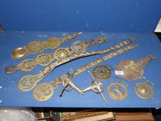 A quantity of horse brasses mainly on leather straps plus some loose.