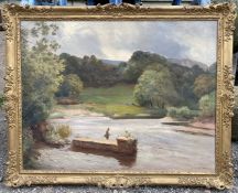 A very large ornate framed oil on canvas depicting a single fisherman on a lake with park land