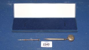 *A 925 silver toothpick plus a white metal pencil on retractable chain on brooch.