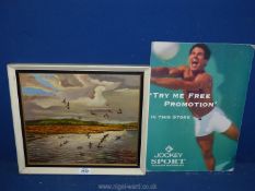 An advertisement on board for Jockey sport Underwear and an Oil painting of Ducks returning to the