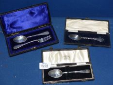 Three cased Silver Teaspoons plus a fork, London maker, 78 gms.