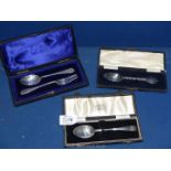 Three cased Silver Teaspoons plus a fork, London maker, 78 gms.